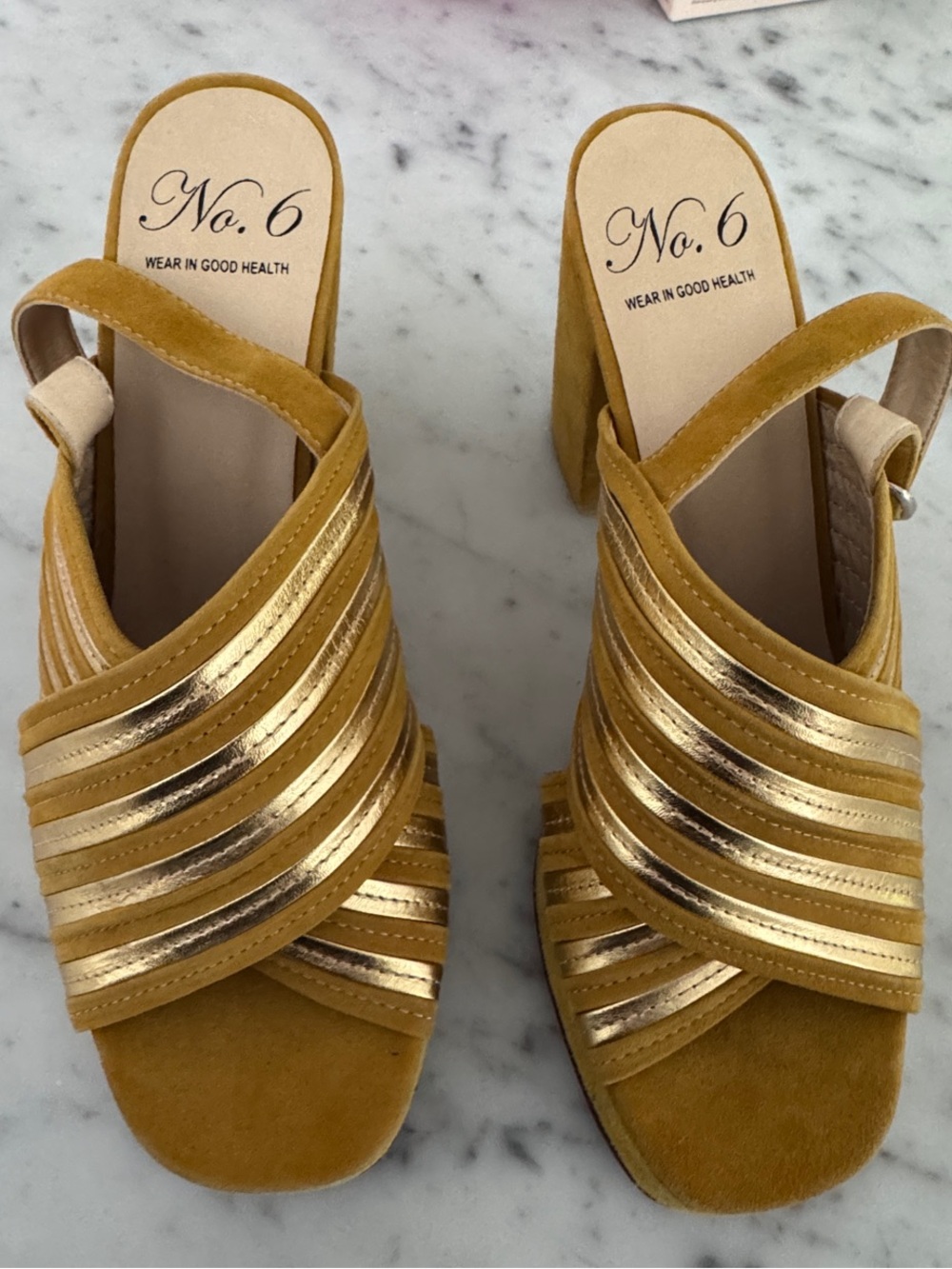 No. 6 Metallic Gold Strappy Block Heel Sandals